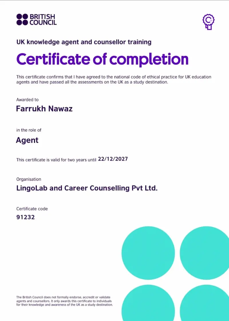 LingoLab & Career Counselling British Council certificate