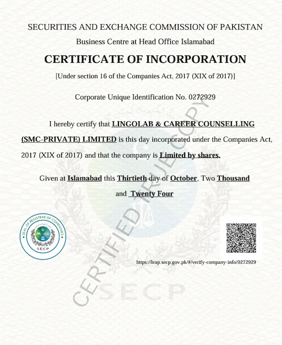 LingoLab & Career Counselling SECP registration certificate