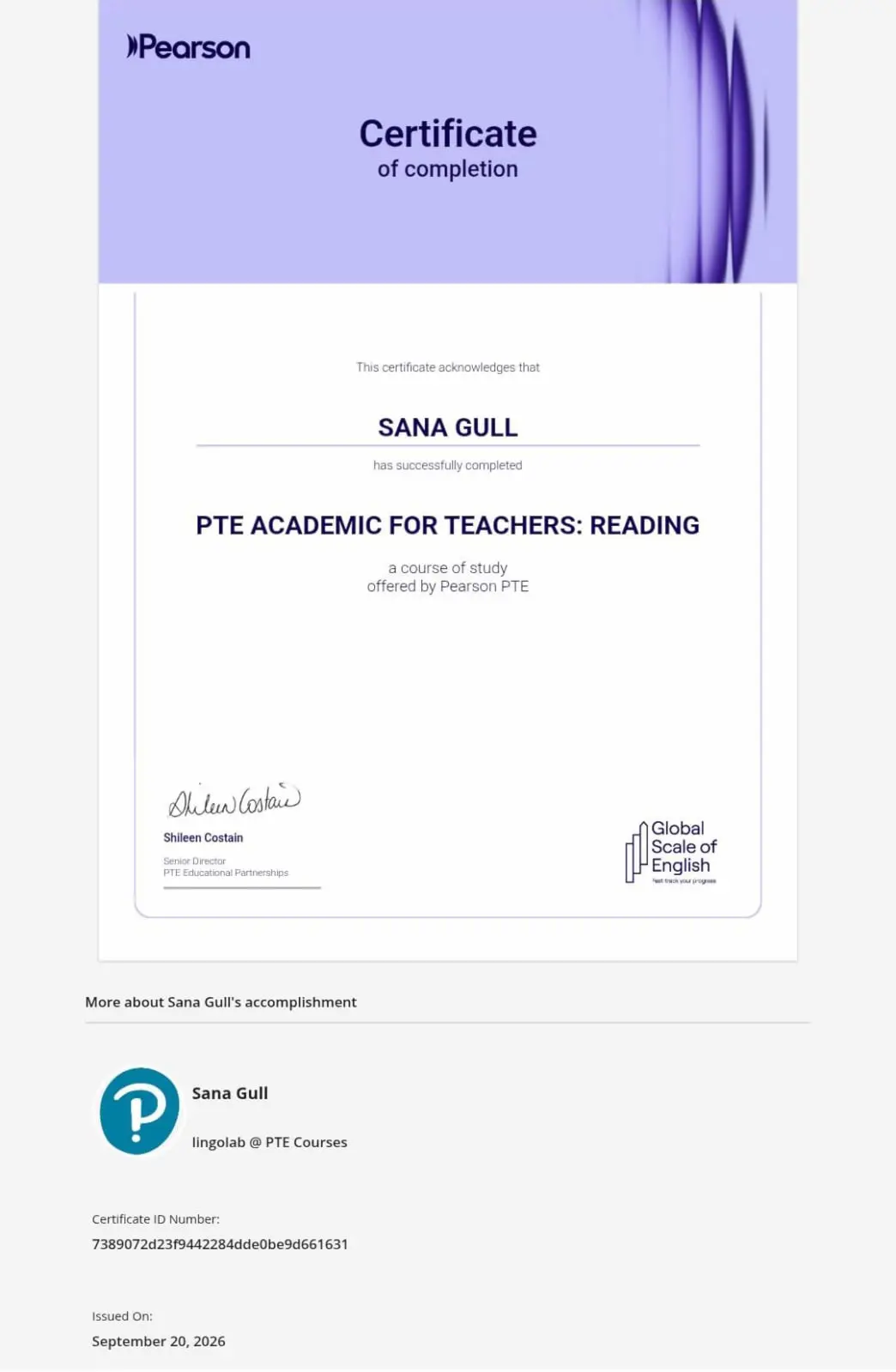 Sana Gull Pearson certificate 3