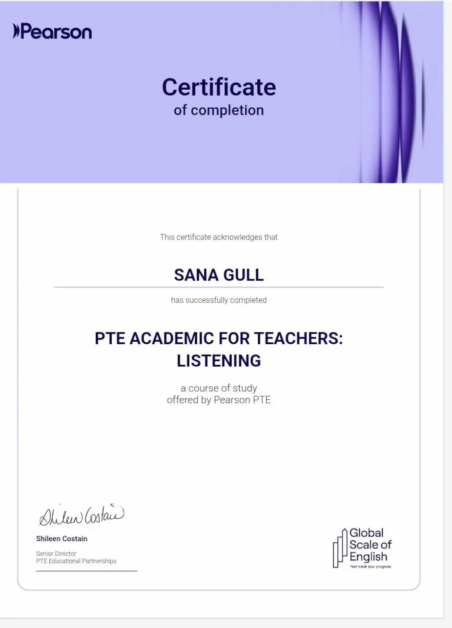 Sana Gull Pearson certificate