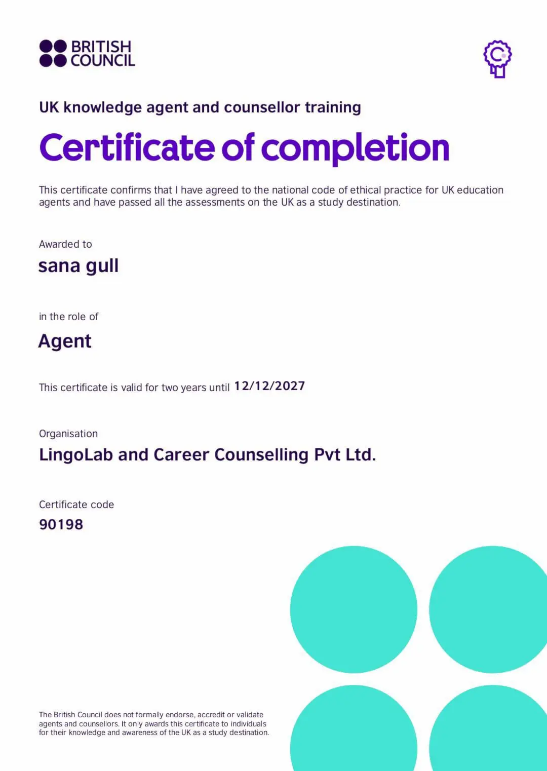 Sana Gull British Council certified agent certificate