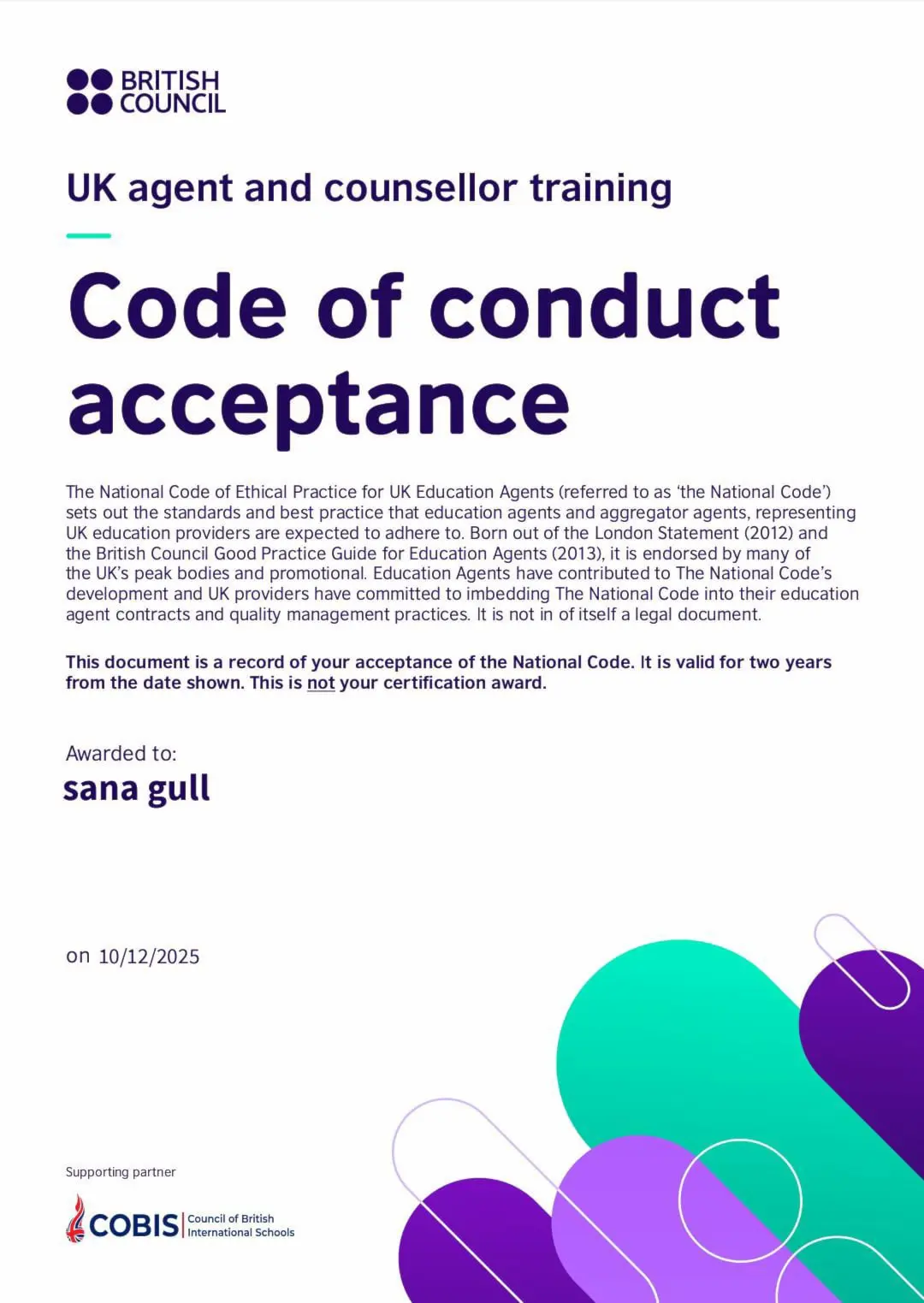 Sana Gull British Council certificate